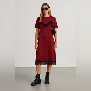 English Factory Burgundy Lace Trim Slip T-Shirt Dress Short Sleeve XS